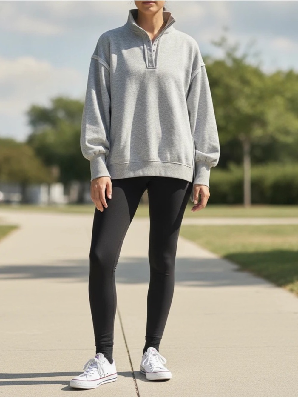 Women's Grey Oversized Pullover Half-Snap Sweatshirt, Size Large